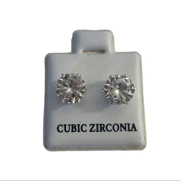 Large Diamond CZ Faux Silver Stud Earrings - Picture 1 of 3